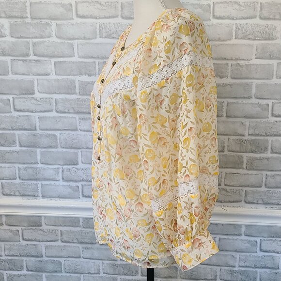 FATE Yellow Floral Balloon Long Sleeve Blouse Lace Inset Cottage Feminine Small - Picture 3 of 9